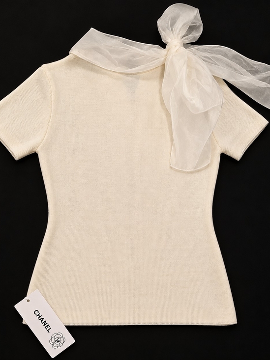 CHANEL Tops - Chanel Cream Short-Sleeve Knit Top with Sheer Neck Bow